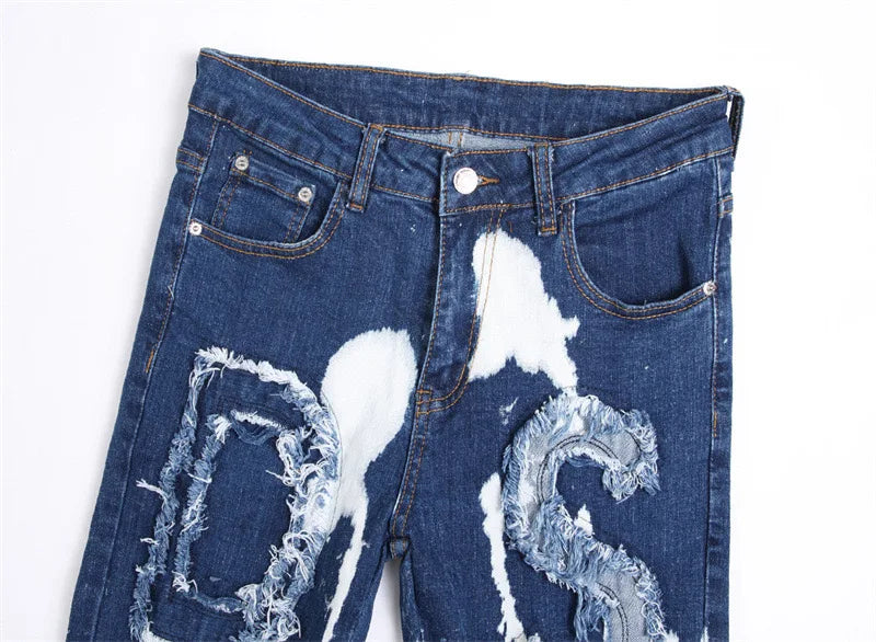 Men's Perforated Jeans 3D Inner Embroidery Zipper Bleached Slim Fit Pantyhose