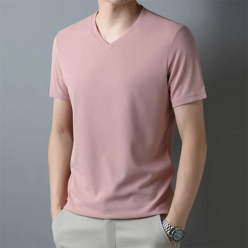 2024 Men's New Waffle V Neck Short Sleeved T-shirt Summer Comfortable Top