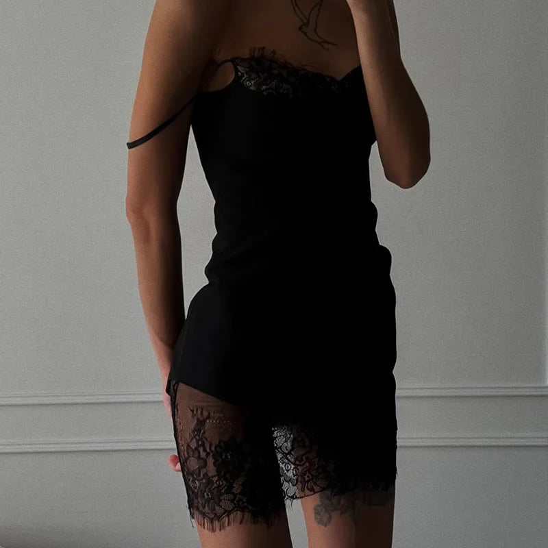 Solid Patchwork Lace Dresses For Women Fashion Sexy Straps Sleeveless V-Neck Sheath Sheer Mini Vestidos Robes Female Slim Fit
