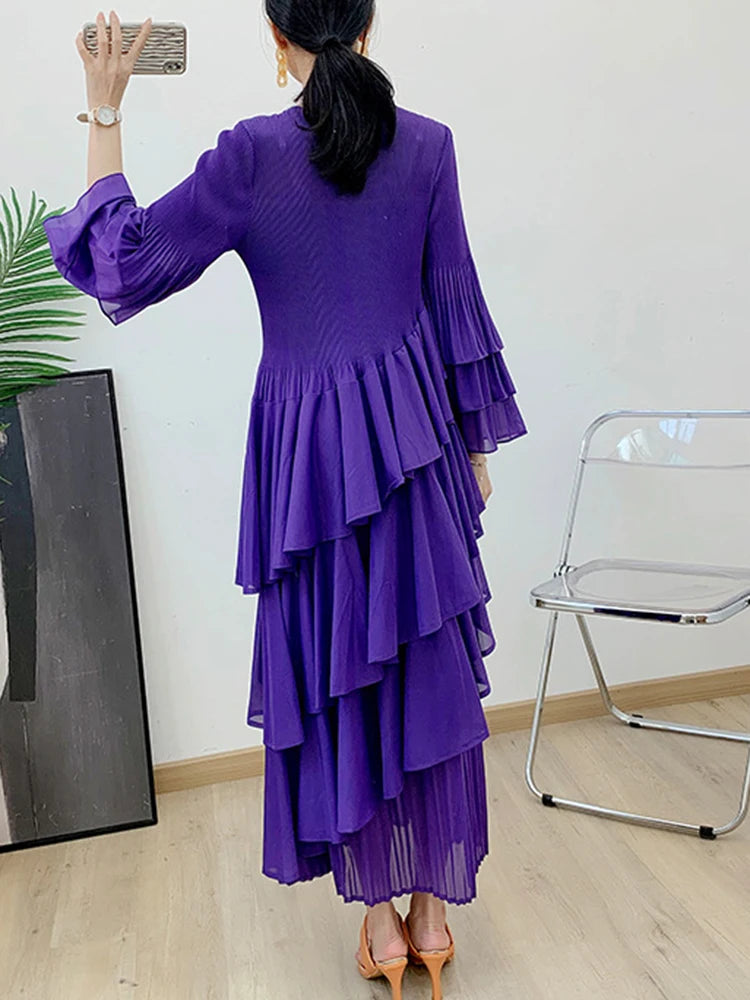GVUW Pleated Women Dress Women Full Flare Sleeve A Line Spliced Ruffles Round Collar Evening Party Elegant Lady Clothing 17G4475