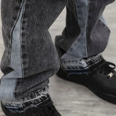 Men's Jeans Casual Black and Grey Patchwork Vintage Wash Jeans Trousers