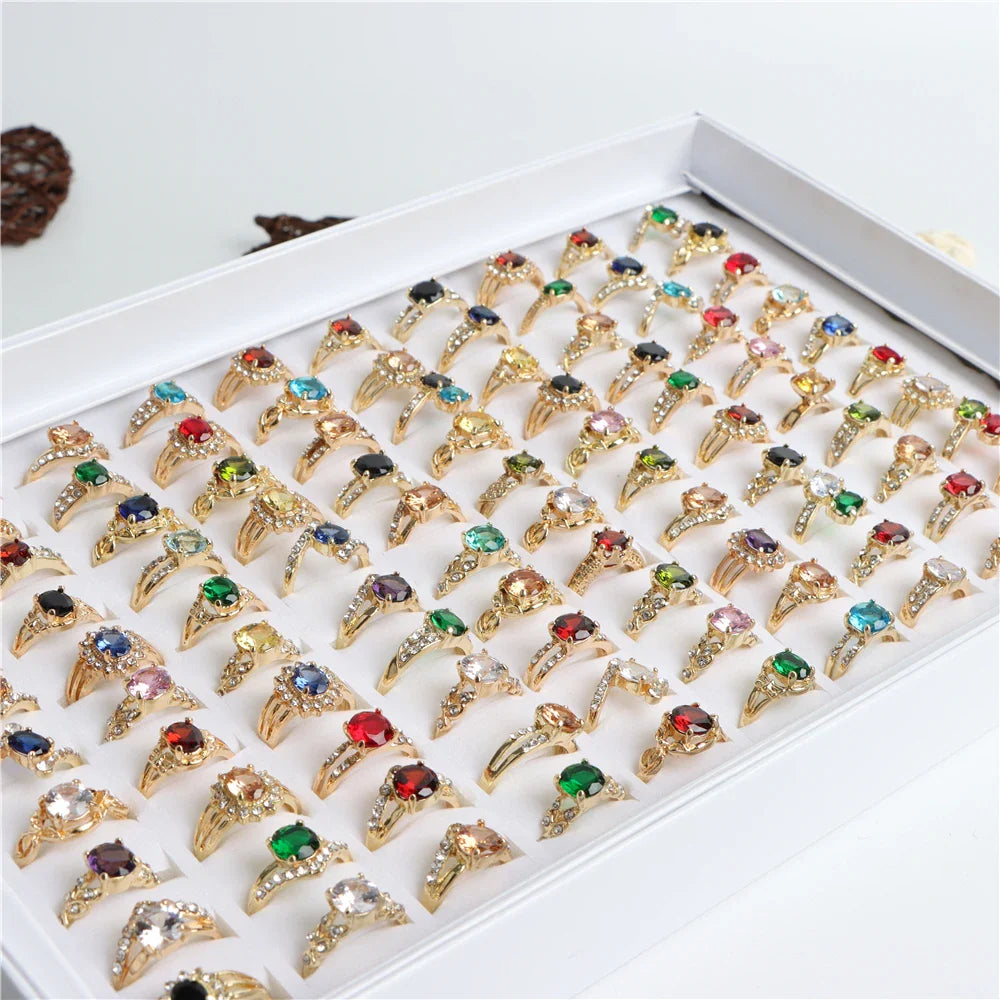 Wholesale 20/30/36/50/100Pcs/Lot Fashion Colorful Shiny Zircon Rings For Women Mix Style Color Wedding Jewelry