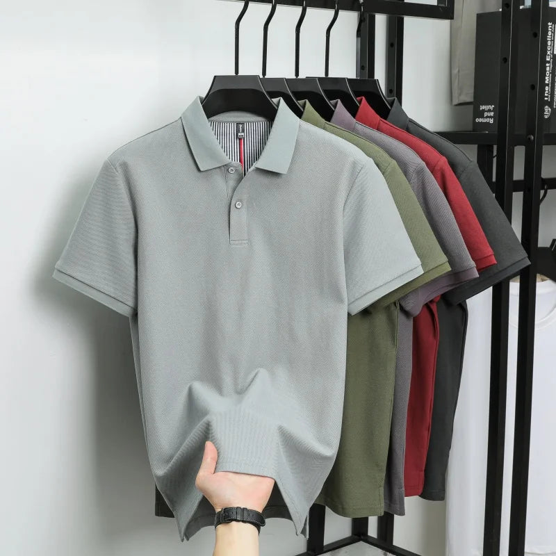 100% pure cotton short sleeved men's polo shirt summer boutique fashion high-quality top solid color collar back striped T-shirt