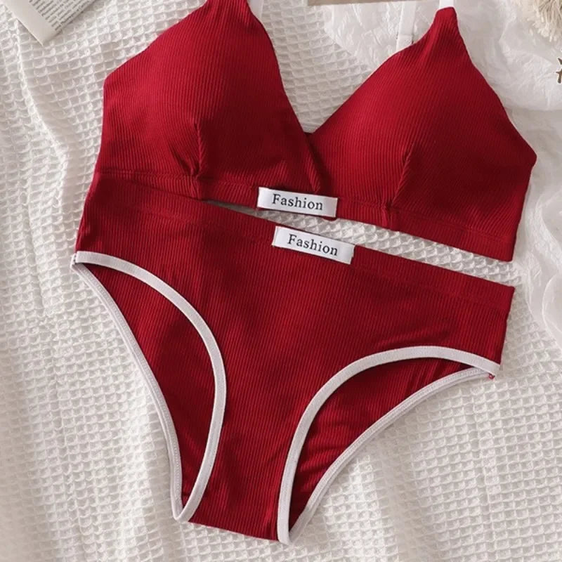 Underwear Set Women Bra Briefs Set Low Waist Panties Wire Free Vneck Bra Bralette