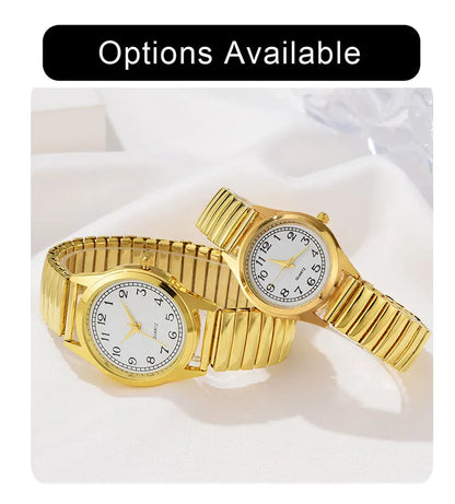 2 PCS Of Gold Retro Round Pointer Quartz Watch Classic Simulation Elastic Band Watch Suitable For Both Male And Female Couples