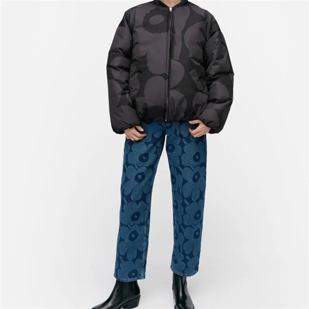 Winter Print Thick Jacket for Women Oversize Stand Collar Long Sleeve