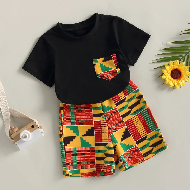 2-7years Kid Boy Summer Shorts Sets African Style Casual Street Party Chest Pocket Shirt + Short Trousers Outfits For Infant Boy