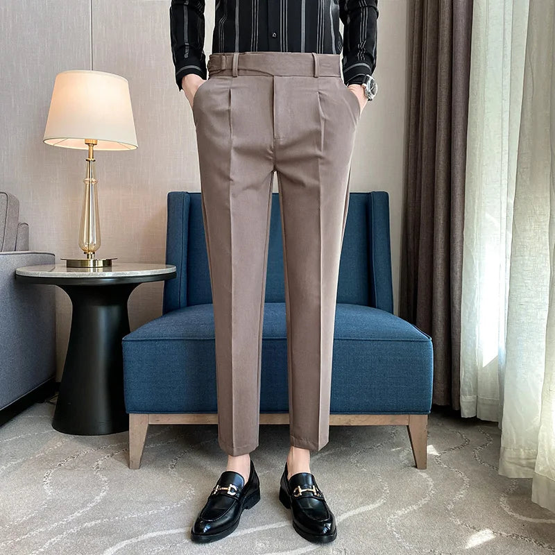 Fashion Mens Suit Pants High-waist Solid Color Business Slim Fit Formal Wedding Social Dress