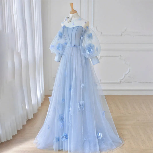 Sky Blue Tulle Prom Dress Long Sleeve Party Dress A-Line Celebrity Gowns