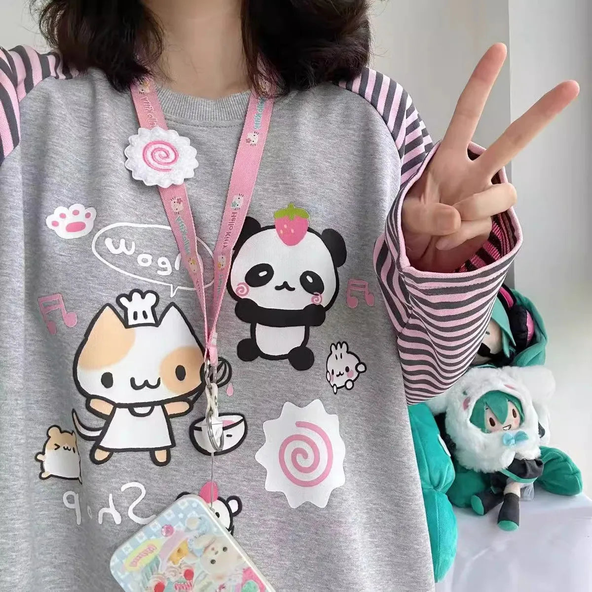 Y2k Harajuku Kawaii Striped Hoodie Women Japanese Fashion Patchwork