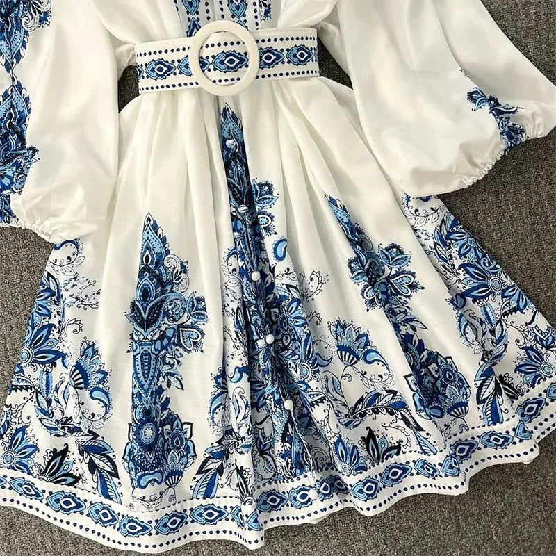 Evening Dresses: Women Blue Print V-Neck Long Sleeve Bohemian Dress
