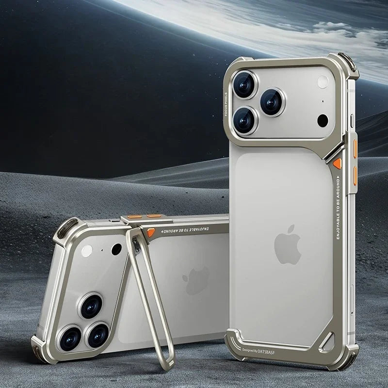Eary 9-Shaped Phone Case for iPhone 17 Pro Max 17 Pro for Magsafe With Lens Holder Stand Metal Frameless Bumper Anti-Drop Shells