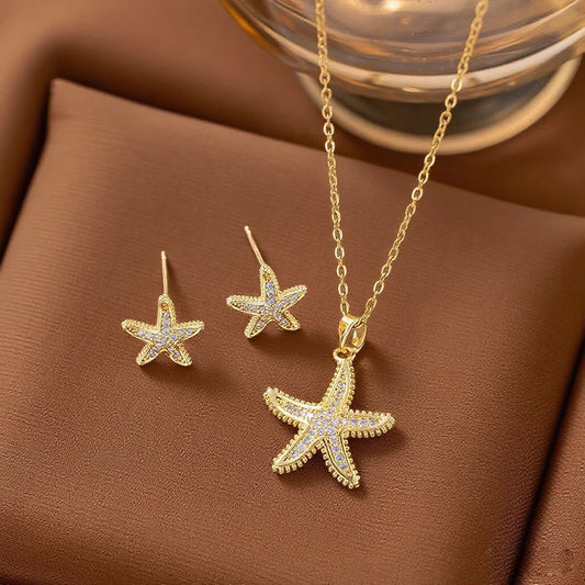 Stainless Steel Golden Inlaid Zircon Starfish Ocean Style 2pc Necklace Earrings Set Lady Fashion Waterproof Jewelry