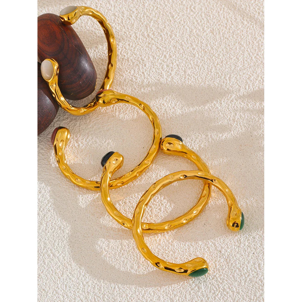 Yhpup 62mm High Quality Stainless Steel Multicolored Natural Stone Golden Cuff Open Bracelet Bangle Water Resistant Jewelry