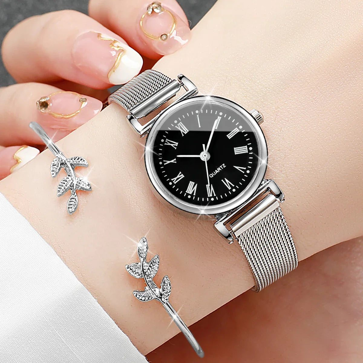 2PCS Fashion Women Quartz Watch Steel Mesh Band Watches Opening Cuff Bracelet Bangle Set（Without Box）
