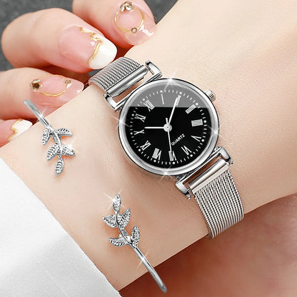 2PCS Fashion Women Quartz Watch Steel Mesh Band Watches Opening Cuff Bracelet Bangle Set（Without Box）
