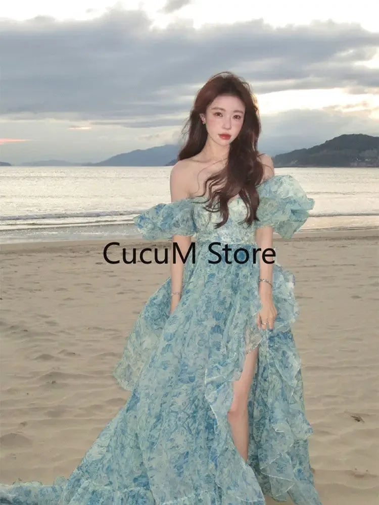 Evening wear Dresses: Short Puff Sleeve Khaki  Print Organza Women Dress