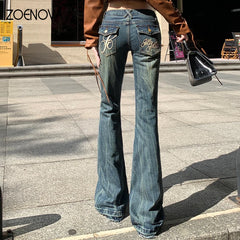 Y2K Street Casual Women's Jeans Flared Pants Fashion Slim Fit Office Lady Overalls Retro