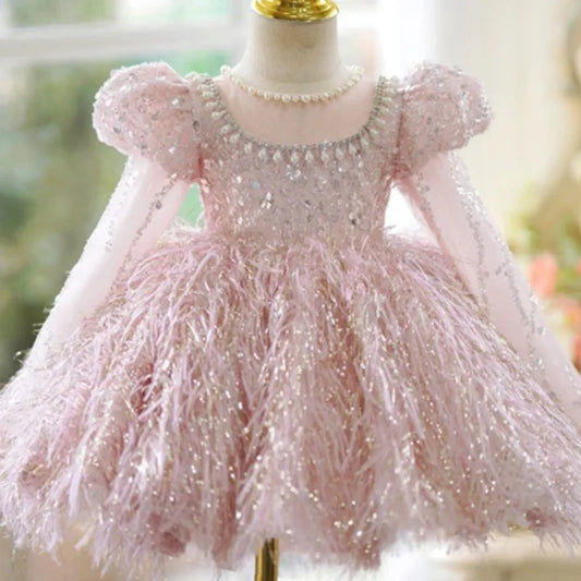 Fashion Baby Girl Princess Sequins Feather Dress Puffy Sleeve Toddler Child Pearl Vestido Party Birthday Baby Clothes 2-14Y
