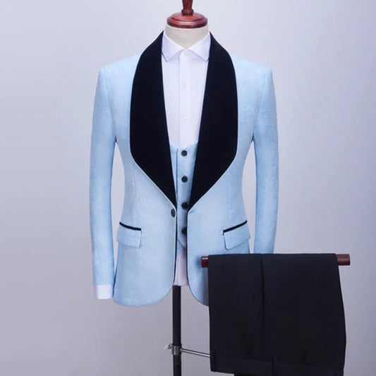 2023 New Men's Casual Boutique Business Big Black Collar Suit / Male Jacquard Dark Pattern Blazers Jacket Pants Vest 3 Pcs Set