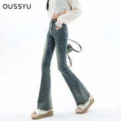 Spring Summer Flared Jeans Women Cotton Vintage Blue Denim Pants