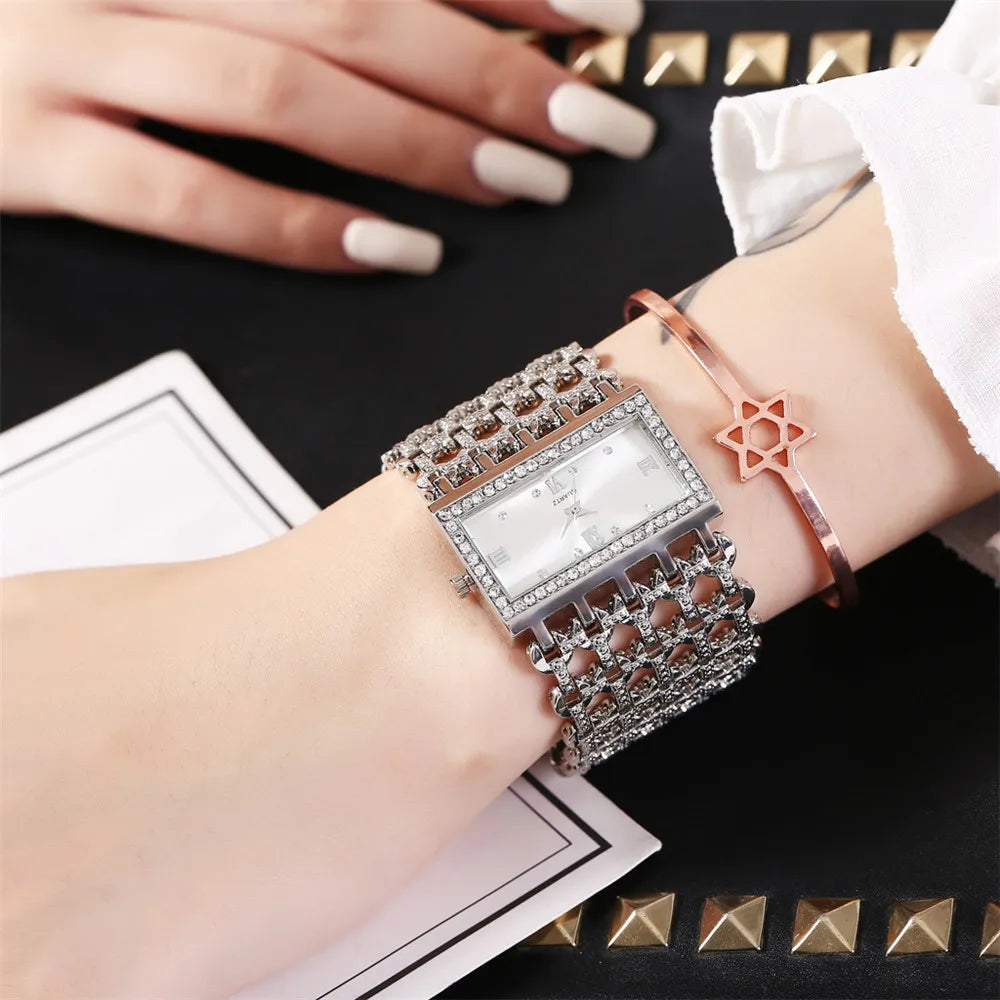 Luxury Ladies Simple Diamond Set Square Bracelet Quartz Watches Fashion Gold Stainless Steel Skeleton Women Clock Dress Watch