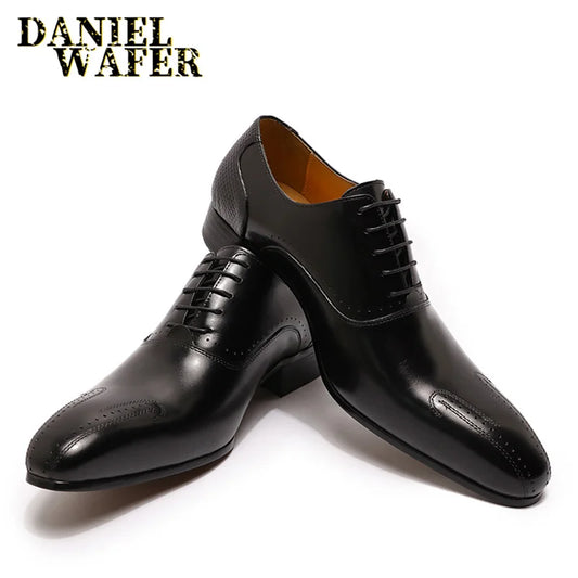 Winter Luxury Men Genuine Leather Shoes Lace Up Wedding Office Business Pointed Toe Formal Men's Dress Oxford Shoes for Men