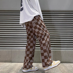 Men's Brown Check Print Baggy Jeans Korean Fashion Streetwear Denim Straight Pants