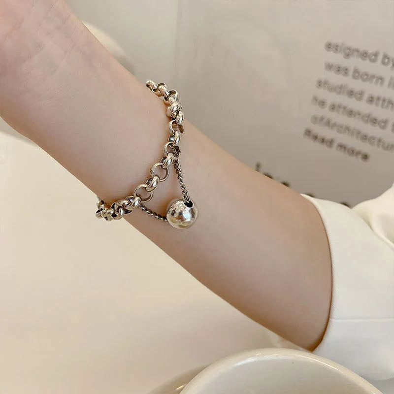 925 Sterling Silver Bangle Bracelet 2 Balls Geometric Polished Punk Stackable For Woman Girl Jewelry Gift Dropship Wholesale