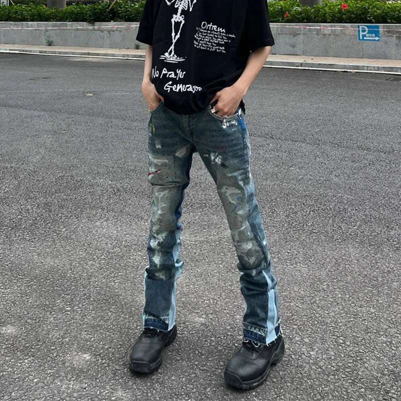 High Street Retro Ink Splash Patchwork Ripped Jeans Flare Pants Men and Women