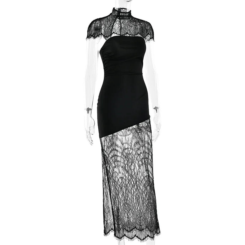 Mozision Lace Backless Sexy Mini Dress Women Gown Elegant See Through Turtleneck Sleeveless Bodycon Club Party Dresses Female