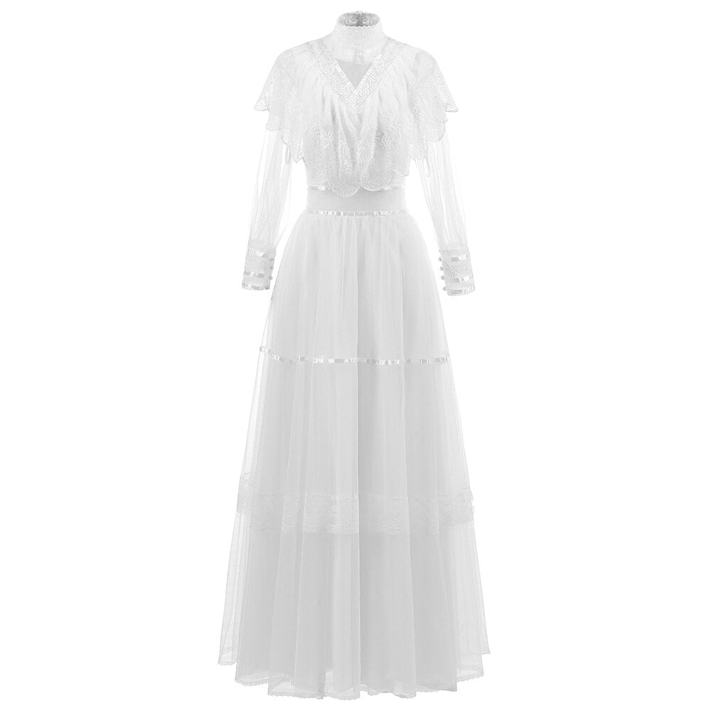 High Neck Tulle Wedding Dress Vintage Long Sleeve Lace