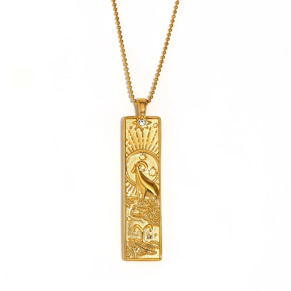 E.B.belle 18k Gold Plated Rectangle Shape 12 Constellation Pendant Necklace Stainless Steel Waterproof Fashion Women's Jewelry