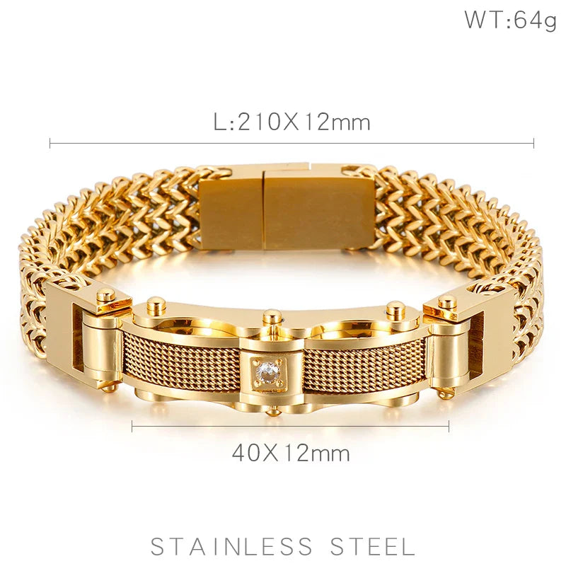 Luxury Bracelet for Men Gold Color 12MM Wide Stainless Steel Square Franco Link Chain Men's Wrist Bracelets With Magnet Clasp