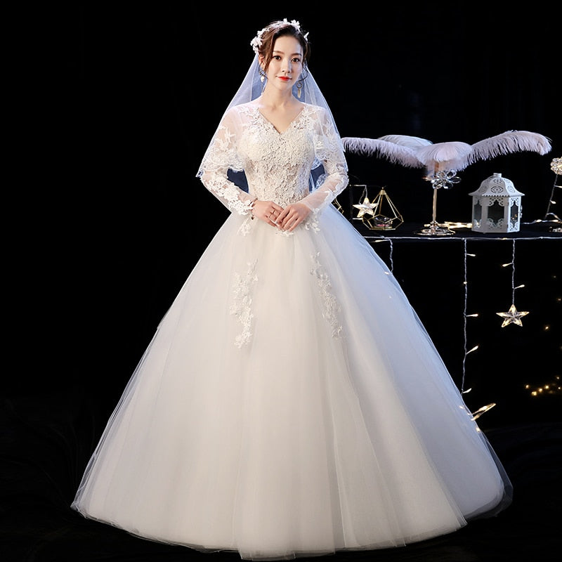 wedding dress vintage v neck illusion long sleeve ball gown white wedding dress