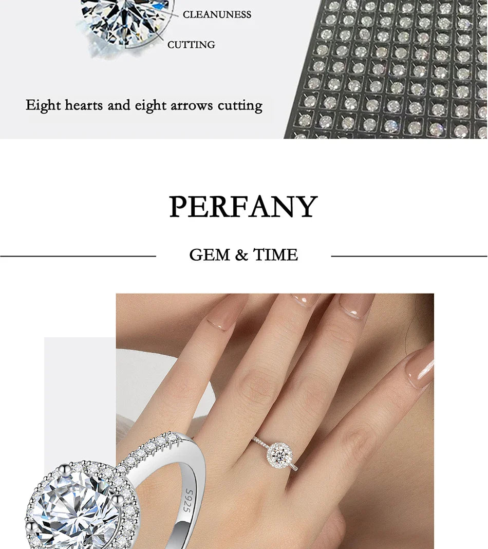 PERFANY Moissanite Ring For Women S925 Pure Silver Plated 18K White Gold Round Diamond Proposal Wedding High-end Jewelry