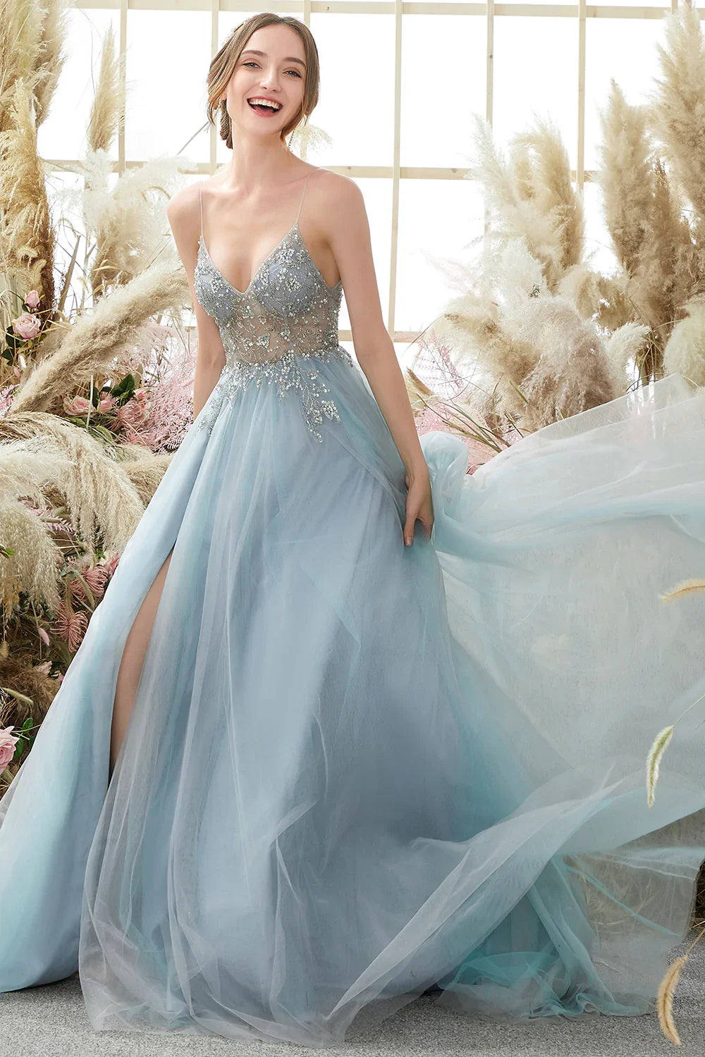Homecoming Dresses: Evening Dresses with Slit Gorgeous Crystal Beads V Neck