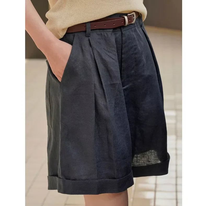 Summer Korea Style Lazy Linen Curled Bermuda Shorts Wide Leg Loose Slim Casual Hot Pants For Women