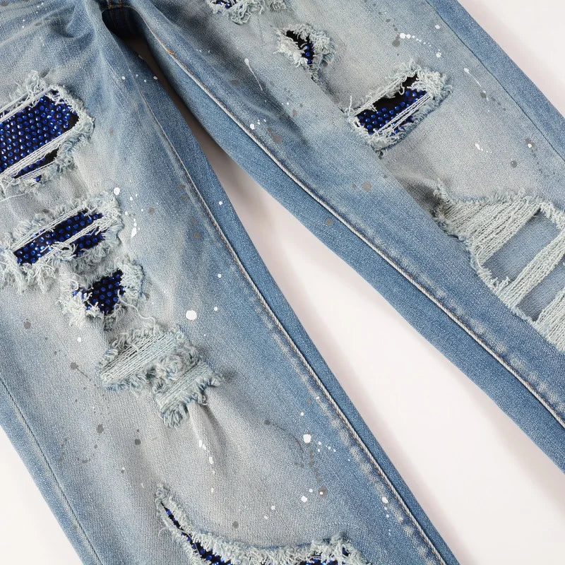 Men Crystal Stretch Denim Jeans Streetwear Painted Patch Skinny Tapered Pants