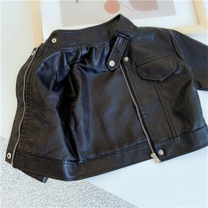 hibobi Toddler Boy Solid Color Casual Fashion Button and Pocket Front Stand Up Collar Zip-up Leather Jacket