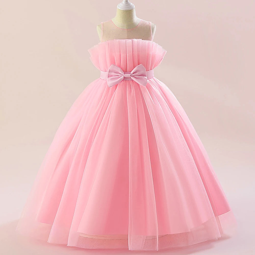Summer Tulle Bridesmaids Pink Party Dresses for Girls Elegant Bow Princess Wedding Girls Dress First Communion Wedding Prom Gown