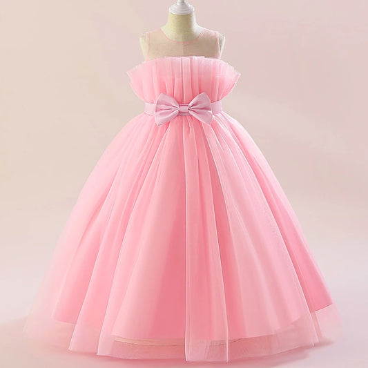 Summer Tulle Bridesmaids Pink Party Dresses for Girls Elegant Bow Princess Wedding Girls Dress First Communion Wedding Prom Gown