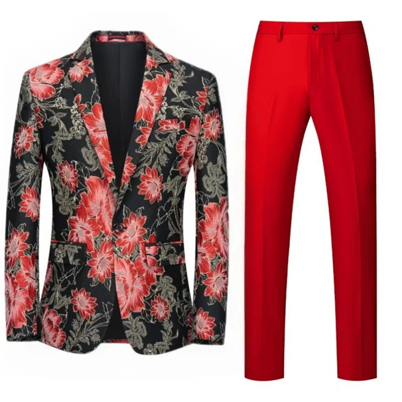 Tuxedo for Mens: Men Suit 2 Pieces Orange Flower Pattern One Button
