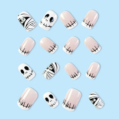 24Pcs Halloween Little Ghost Press on Fake Nails Creative French Design Short Square