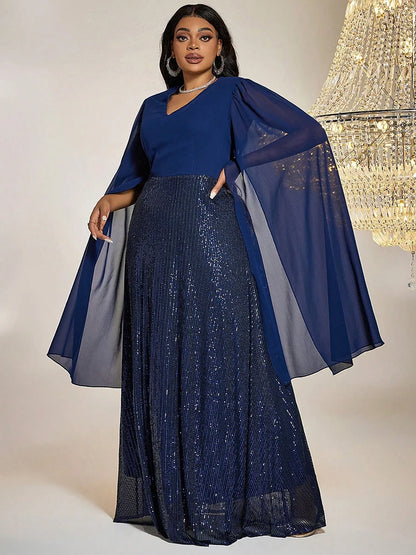 TOLEEN Women Plus Size Maxi Dresses Blue Sequin Formal Dress Elegant V-neck Extra Long Split Sleeves Tight Wedding Party Dress
