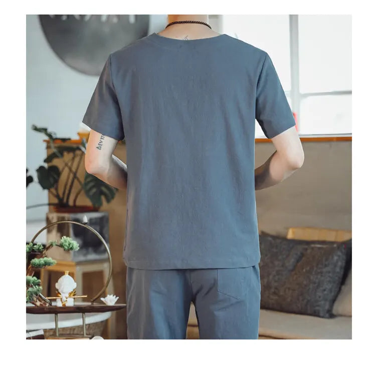 (Shirt + trousers) 2025 summer Chinese Style men shirt Cotton and linen shirts men's High quality casual shirts Two Piece M-5XL