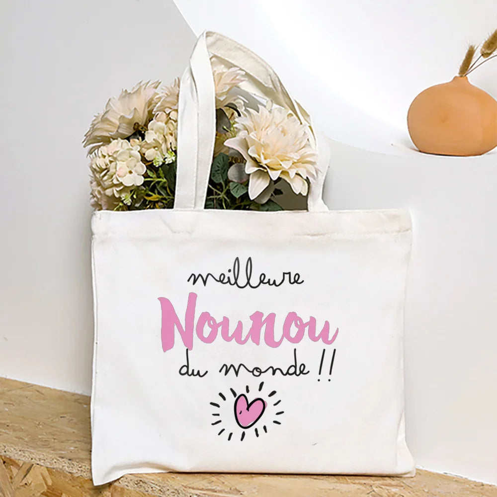 Merci Nounou French Printed Women Shoulder Bag Canvas Tote Bag Female
