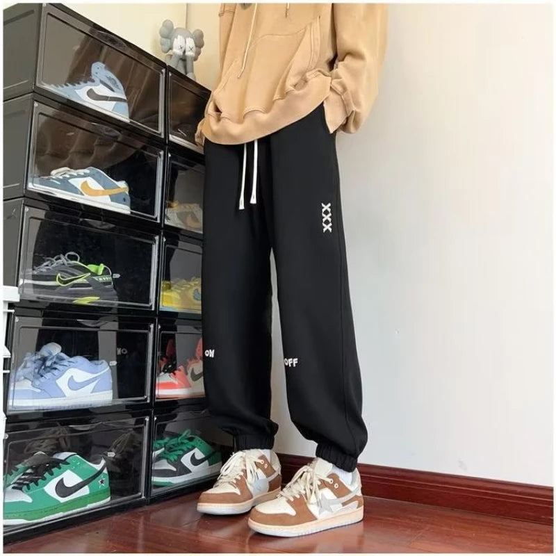 Winter Thickened Fleece Men's Pants Warm Casual Embroidery Letter Fleece Liner Thick