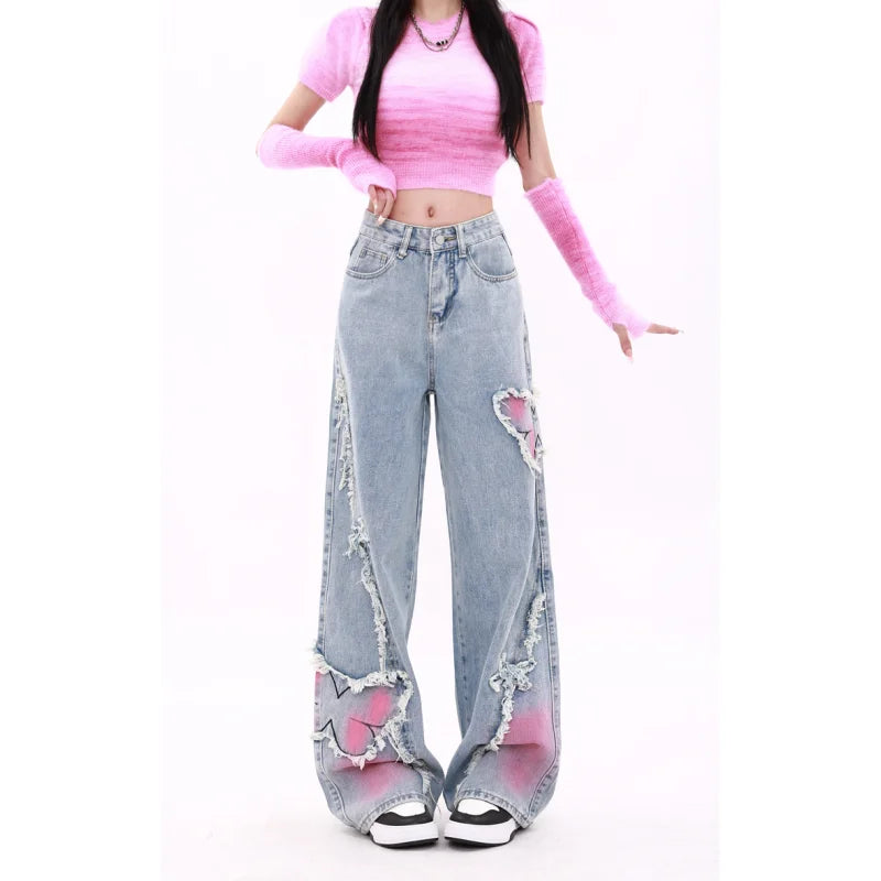 Blue Womens Jeans Butterfly High Waist Straight Baggy Denim Pants American