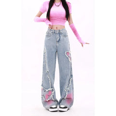 Blue Womens Jeans Butterfly High Waist Straight Baggy Denim Pants American